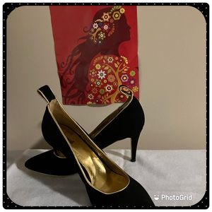 Justcavalli, black suede, pointed toe heels, with gold metallic piping. Size 39